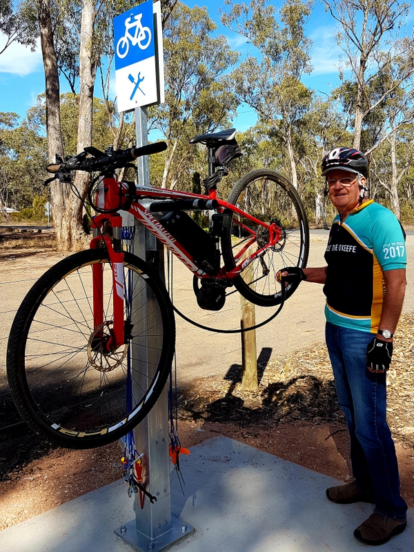 Bike Repair Station tested by member Les Lewis for O'Keefe Rail Trail users. Photo: G.Long